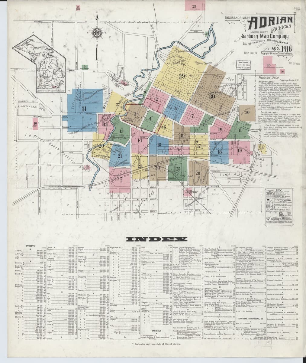 Adrian, Michigan - 1916 Sanborn Map