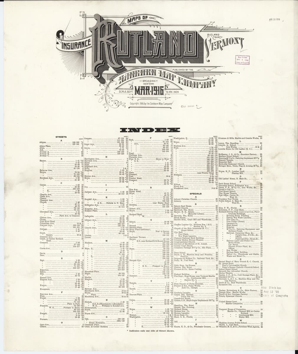 Rutland, Vermont - 1916 Sanborn Map
